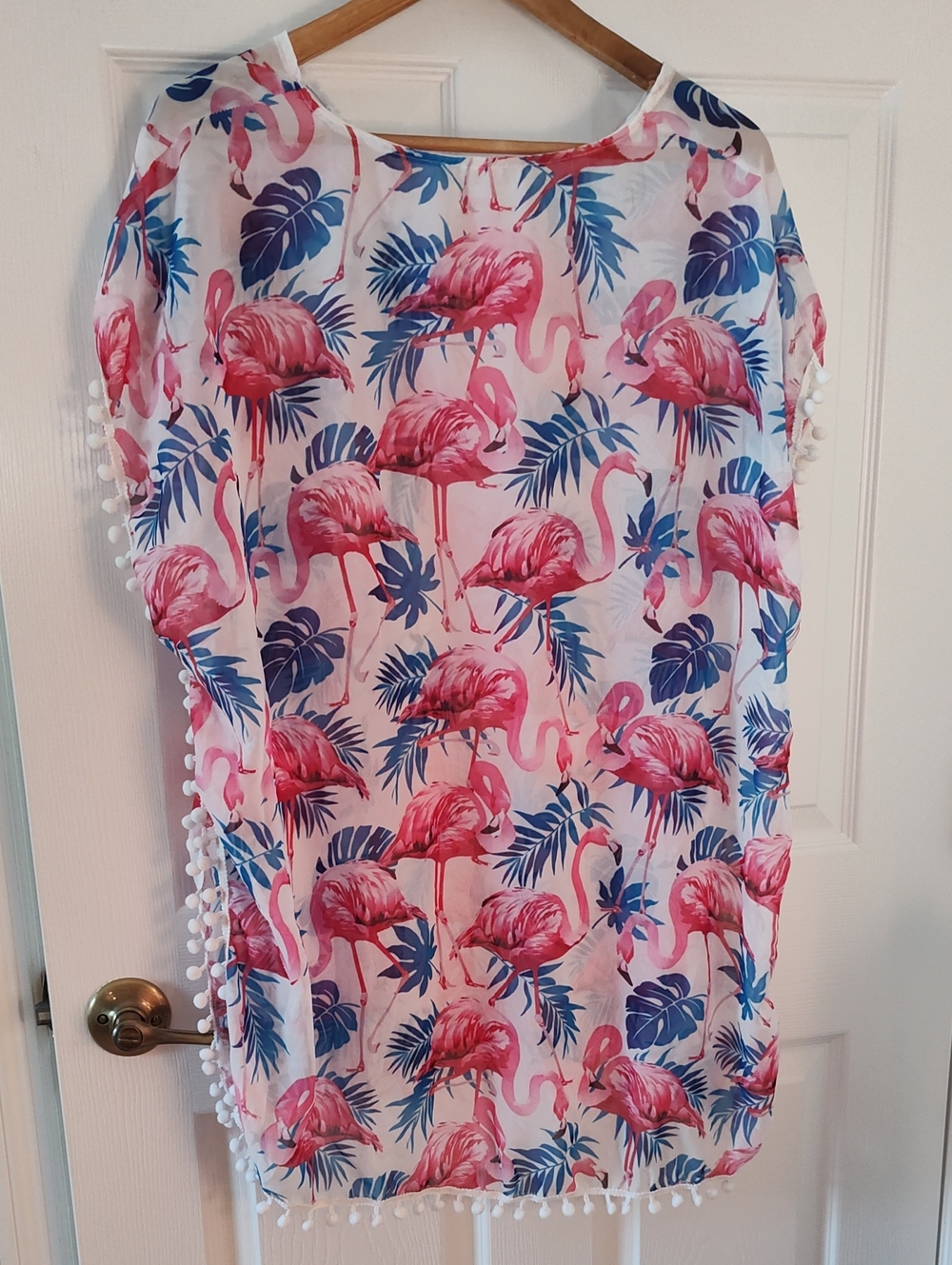 Pink Flamingo Swim Coverup with Blue Leaf Print